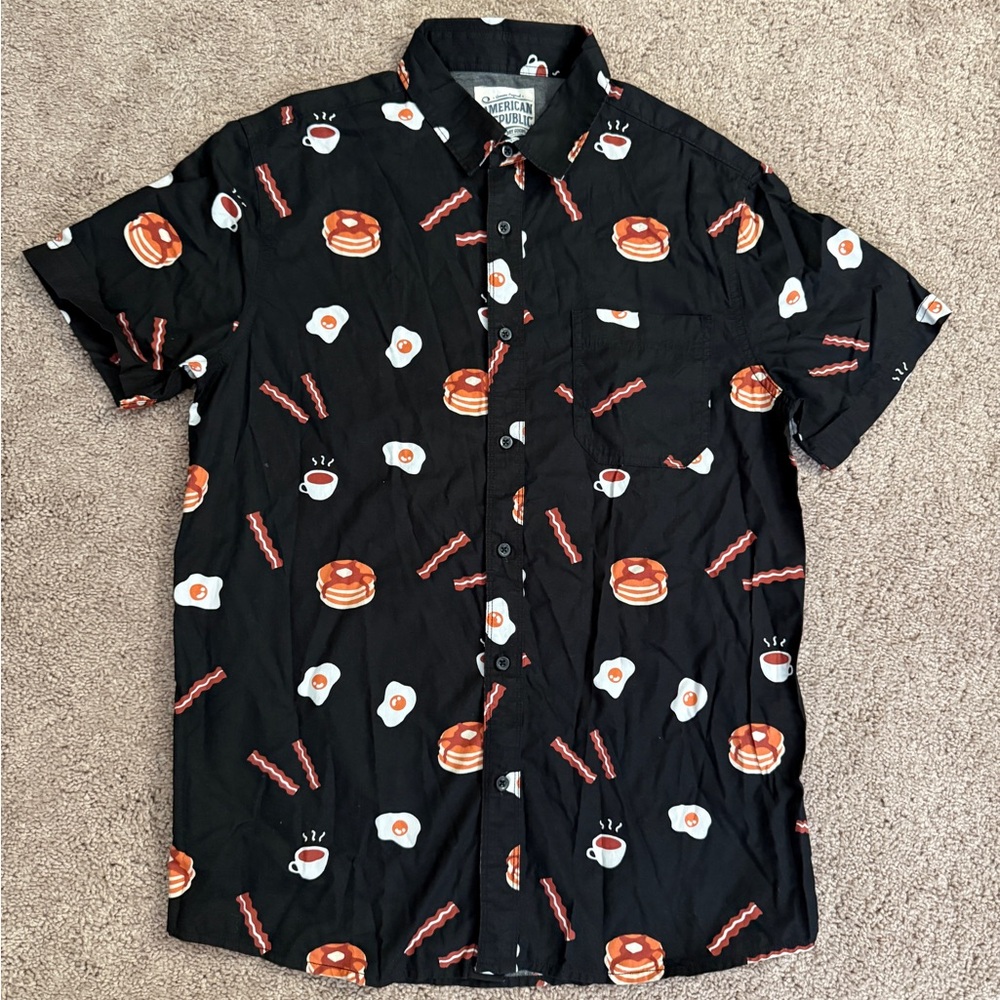American Republic Button Shirt Men size Medium Black Breakfast Short Sleeve